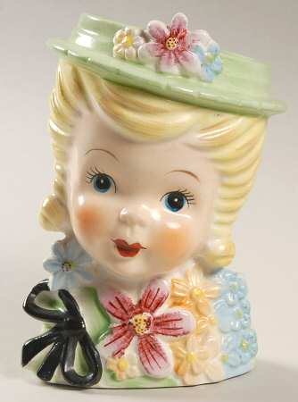 Head Vases Girl Blonde Grn Hat Flrl  - No Box