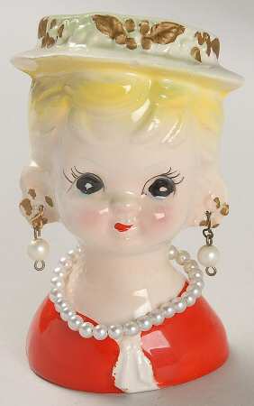Head Vases Girl Blnd Red Drss Pierced Ear - No Box