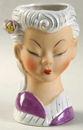 Head Vases Girl Asian Gold/Purple Rose In - No Box