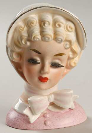 Head Vases Lady Pnk Drs Wht Hat Bow Under - No Box