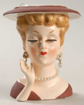 Head Vases Lady Rust/Drs&Hat Pierced Ears - No Box
