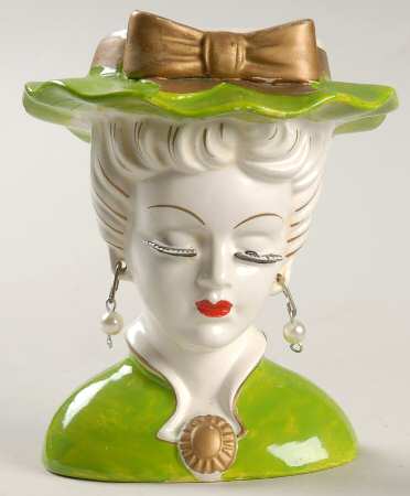 Head Vases Lady Bright Green/Gld Bow/Meda - No Box
