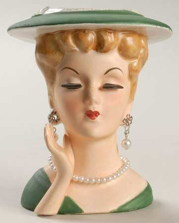 Head Vases Lady Grn/Drs&Hat Pierced Ears - No Box