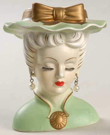 Head Vases Lady Grnw/Gld Bow Pierced Ears - No Box