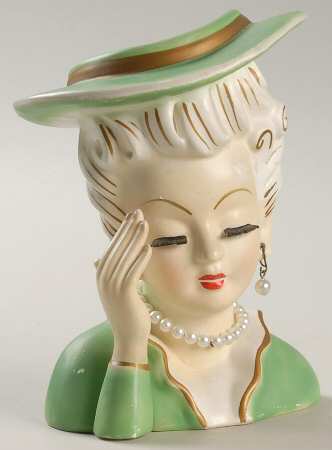 Head Vases Headache Lady Grn Dres/Hat - No Box