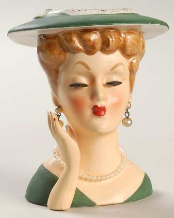Head Vases Lady Grn/Drs &Hat Hand Up - No Box