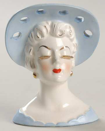 Head Vases Lady Blu/Hat/Drs Gold Lashes - No Box