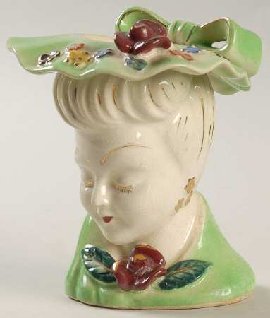 Head Vases Lady Grn Drs/Hat Cntr Rose/Bow - No Box