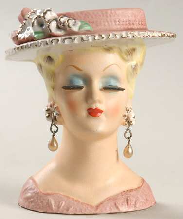 Head Vases Lady Pnk Hat/Drs Pierced Ears - No Box