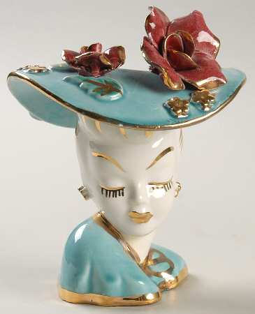 Head Vases Glamour Girl Aqua/Roses Hat - No Box 42