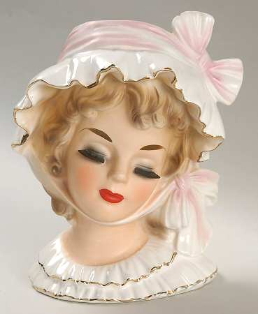 Head Vases "Pretty Girls" Wht/Pnk Bonnet - No Box
