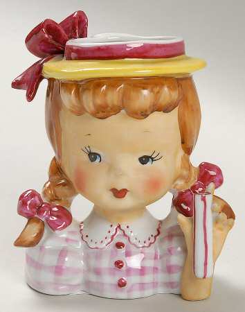 Head Vases Umbrella Girl Ylw Hat Red Chec - No Box