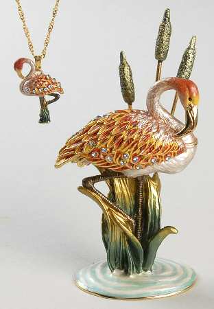 Jeweled Trinket Boxes Flamingo Box With Necklace - No Box