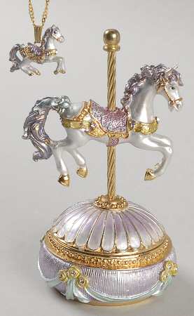 Jeweled Trinket Boxes Purple Carousel Horse With Necklace - Boxed