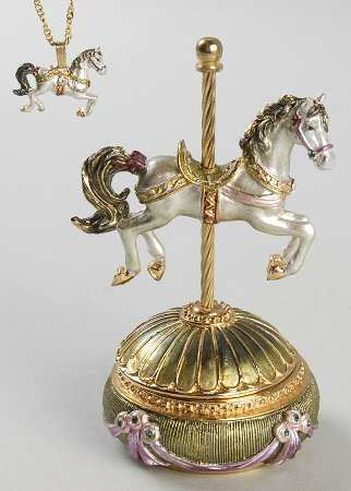 Jeweled Trinket Boxes Green Carousel Horse With Necklace - Boxed