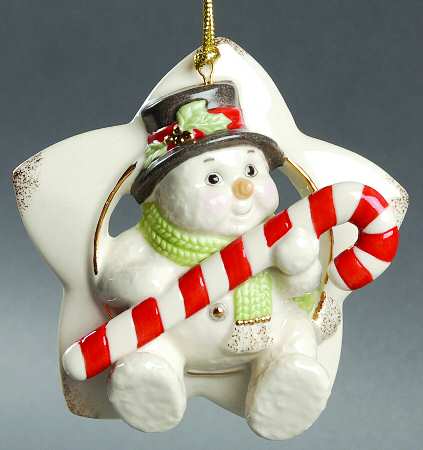 Lenox Christmas Ornament Sitting On A Star-Snowman W/Candycane - No Box