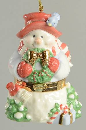 Hinged Box Christmas Ornaments Snowman With Wreath And Trees - Boxed