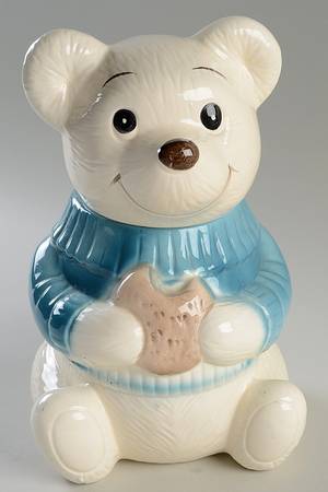 Metlox Cookie Jar Teddy Bear-Blue Sweater - No Box