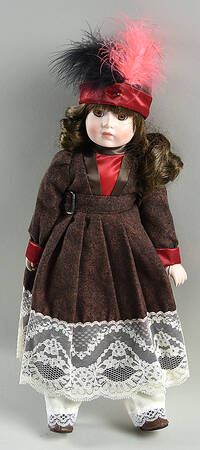 Marian Yu Doll Brown Dress,Hat With Feather & Stone - No Box