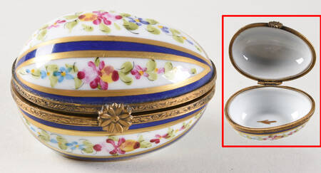 PEINT MAIN LIMOGES BOX Blue Striped Egg Box With Flowers - Nb744, No Box