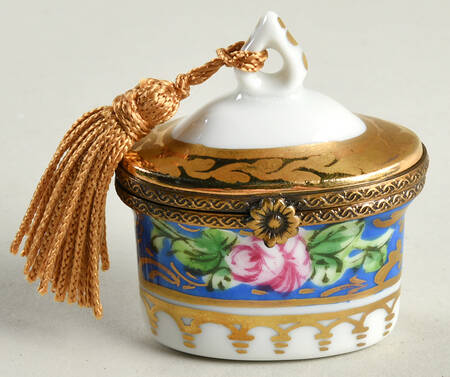 PEINT MAIN LIMOGES BOX Oval-Gold, Pink Floral, Tassel - Nb830, No Box