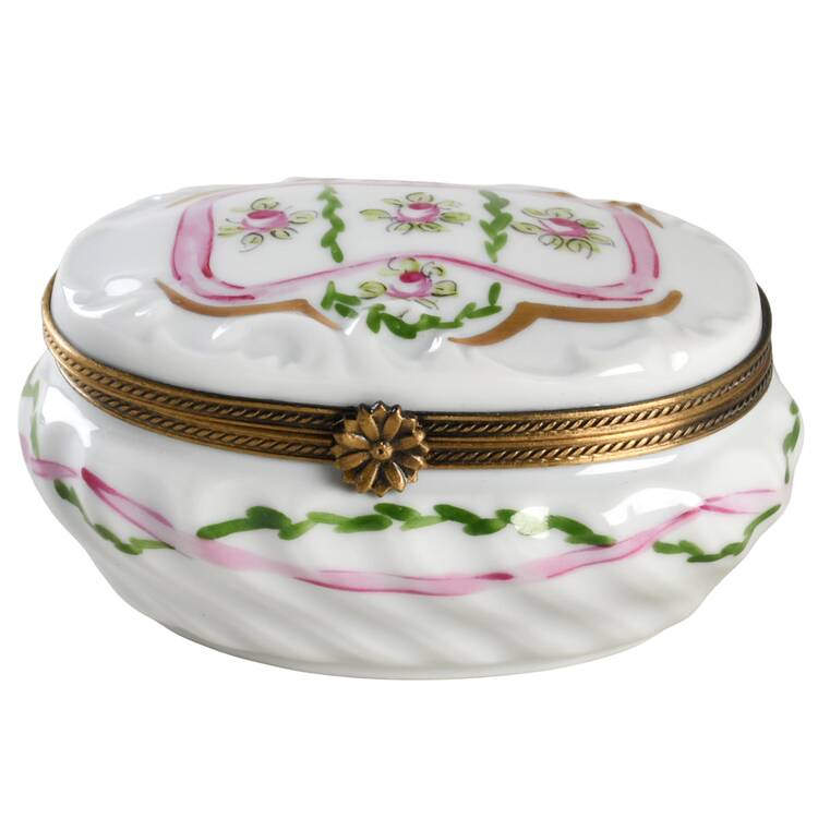 PEINT MAIN LIMOGES BOX Pink Ribbon Around Pink Roses - Nb863, No Box