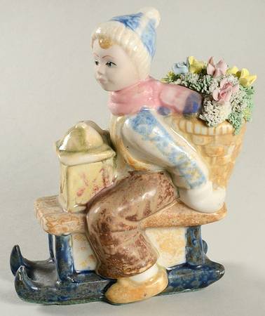 Porcelana Artistica Levantina Figurines Boy W/ Flowers On Sled - No Box