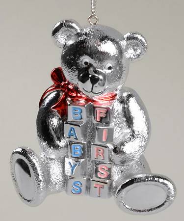 Babys First Christmas-Silverplate Teddy Bear With Blocks - No Box