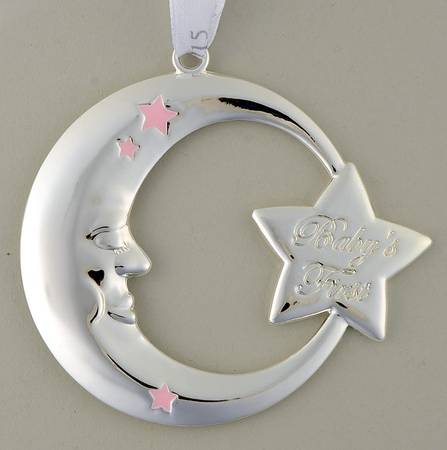 Babys First Christmas-Silverplate Moon With Pink Stars - Boxed