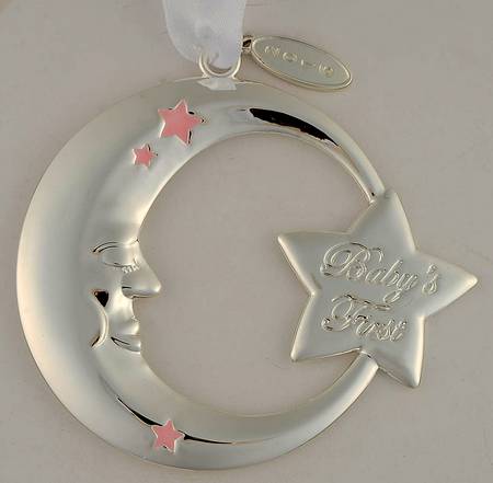 Babys First Christmas-Silverplate Moon With Pink Stars - Boxed