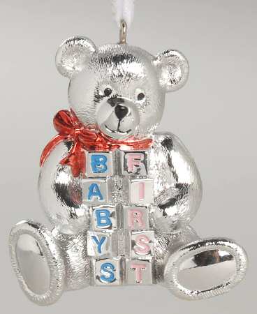 Babys First Christmas-Silverplate Teddy Bear With Blocks - Boxed