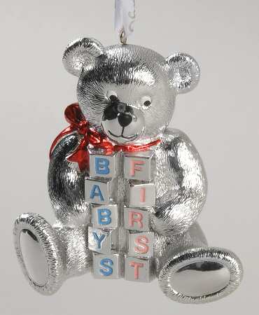 Babys First Christmas-Silverplate Teddy Bear With Blocks - No Box