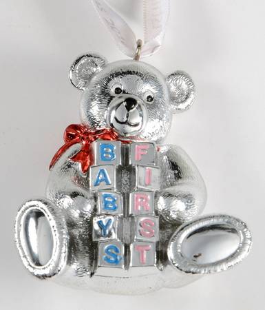 Babys First Christmas-Silverplate Teddy Bear With Blocks - Boxed