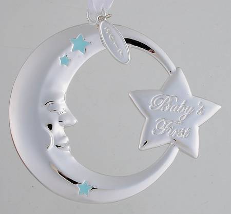 Babys First Christmas-Silverplate Moon-Blue - Boxed