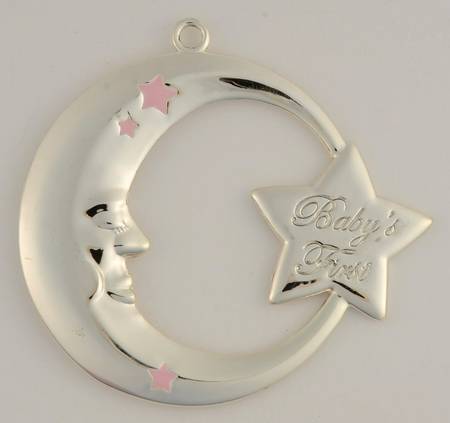 Babys First Christmas-Silverplate Moon With Pink Stars-No Date - No Box