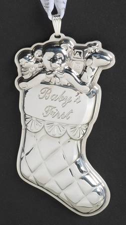 Babys First Christmas-Sterling Stocking-Year Marked Ribbon-3 1/2" H - No Box