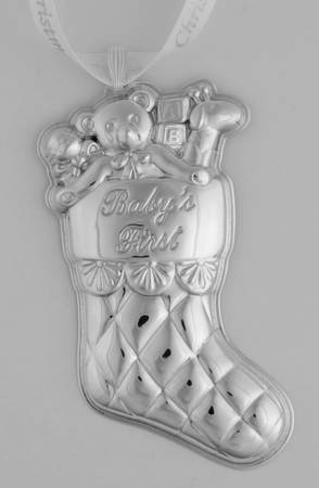 Babys First Christmas-Sterling Stocking-Year Marked Ribbon-3 1/2" H - Boxed