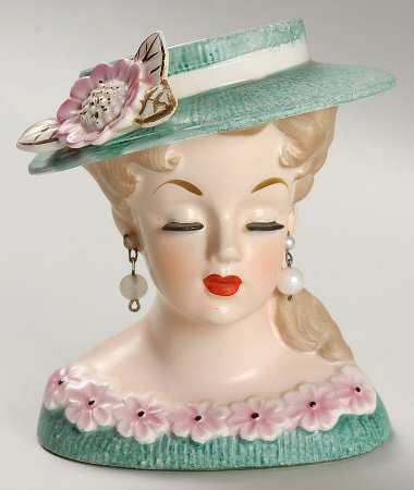 Rubens Miscellaneous Head Vase Lady Grn Hat/Drs Pink Flowers - No Box