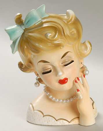 Rubens Miscellaneous Head Vase Lady Wht Drs Aqua Bow In Hair - No Box