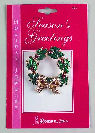 Roman Christmas Jewelry Wreath With Jeweled Bow Pin - No Box