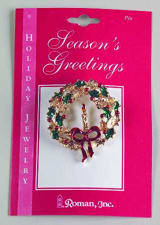 Roman Christmas Jewelry Wreath W/ Candle & Red Berries Pin - No Box