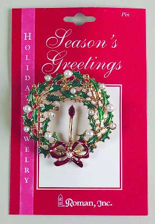 Roman Christmas Jewelry Wreath W/ Candle & White Berries Pin - No Box