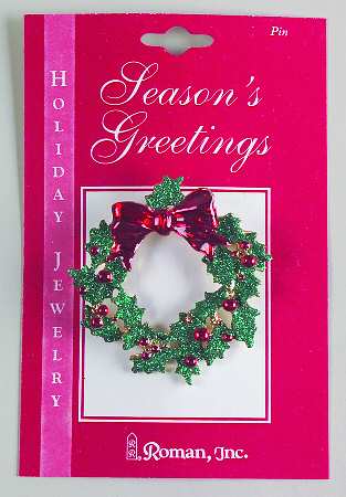 Roman Christmas Jewelry Wreath-Red Bow & Red Berries Pin - No Box