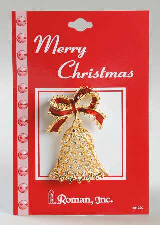 Roman Christmas Jewelry Jeweled Bell With Red Ribbon Pin - No Box
