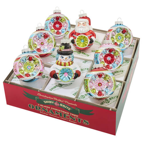 Shiny Brite Ornaments Fete Figures & Reflector Rounds - With Box Bx360