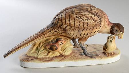 Sadek Bird Figurines Ring-Necked Pheasant-With Baby Chick - With Box Bx330