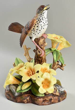 Sadek Bird Figurines Wood Thrush W/ Rhododendron - No Box