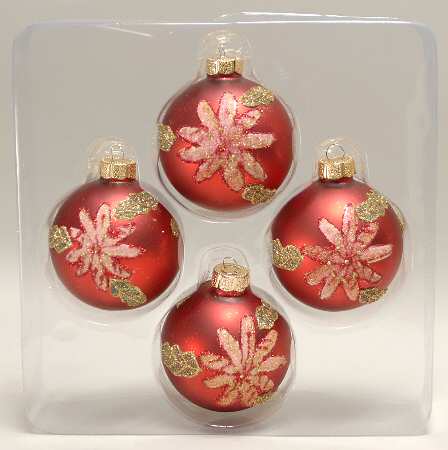 Season's Designs Ornaments 3 1/2" Ball-Red W/ Poinsettias - Boxed
