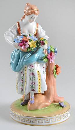 Saxonian Dresden Figurines Woman Picking Flowers-Blue Apron - No Box