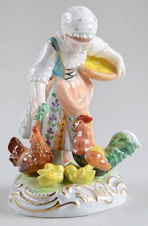 Saxonian Dresden Figurines Girl Feeding Chickens - No Box